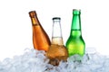 Ice cubes and different bottles on background