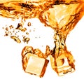 Ice cubes dropped into orange water with splash isolated on whit Royalty Free Stock Photo