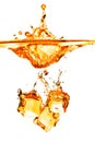 Ice cubes dropped into orange water with splash isolated on whit Royalty Free Stock Photo