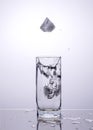 Ice cubes fall into a glass with splashes of water Royalty Free Stock Photo