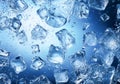 Ice cubes falling on blue background. AI generative Royalty Free Stock Photo