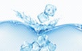 Ice cubes falling into blue transparent wave of water splash with bubbles isolated on white background. Real transparent Royalty Free Stock Photo