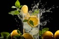 Ice cubes falling into a glass of lemonade with lemon slices and mint leaves, water splashing Royalty Free Stock Photo