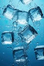 Ice cubes falling over light blue background. Generative Ai Royalty Free Stock Photo