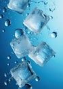 Ice cubes falling over light blue background. Generative Ai Royalty Free Stock Photo