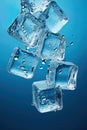 Ice cubes falling over light blue background. Generative Ai Royalty Free Stock Photo