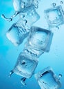 Ice cubes falling over light blue background. Generative Ai Royalty Free Stock Photo