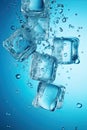 Ice cubes falling over light blue background. Generative Ai Royalty Free Stock Photo