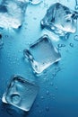 Ice cubes falling over light blue background. Generative Ai Royalty Free Stock Photo