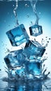 Ice cubes falling into water with splash on blue background Royalty Free Stock Photo