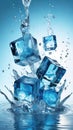 Ice cubes falling into water with splash on blue background Royalty Free Stock Photo