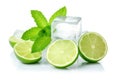 Ice cubes with fresh mint leaves and lime. Frozen water in shape of cube. Ice for lime drink, lemon soda or cocktails Royalty Free Stock Photo