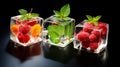 ice cubes with fruits inside and mint sprigs