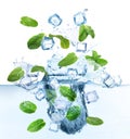 Ice cubes and green mint leaves falling into water on white background Royalty Free Stock Photo