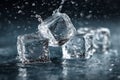 Ice cubes are hitting a wet surface, causing water to splash Royalty Free Stock Photo