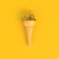 Ice cubes in ice cream cone abstract minimal yellow background, Food concept Royalty Free Stock Photo