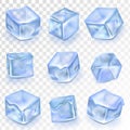 Ice Cubes Isolated Transpatrent Vector. Frost Freeze Design Effect. Clean Cold Crystal. Realistic Blue Ice Water Blocks