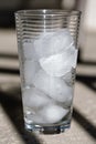 Ice cubes just beginning to melt in a glass on concrete deck