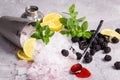 Ice cubes in metal bucket with juicy blackberries, yellow cut lemons and mint twigs. A spoon with jam. Ingredients for