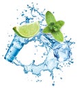 Ice cubes, mint leaves, water splash, lime and glass Royalty Free Stock Photo