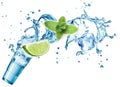 Ice cubes, mint leaves, water splash, lime and glass Royalty Free Stock Photo
