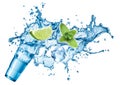 Ice cubes, mint leaves, water splash, lime and glass Royalty Free Stock Photo