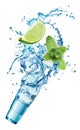 Ice cubes, mint leaves, water splash, lime and glass Royalty Free Stock Photo