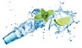 Ice cubes, mint leaves, water splash, lime and glass Royalty Free Stock Photo