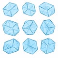 Ice cubes set vector illustration. Cartoon isolated transparent frozen water from freeze, blue crystal pieces of square shape melt