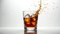 Ice cubes splash into amber liquid in glass. Drink motion with droplets and bubbles creates cool refreshing effect. Beverage Royalty Free Stock Photo