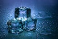Ice cubes and water melt on cool background. Ice blocks with cold drinks or beverage