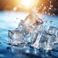 Ice cubes with water splash, water backgrounds, macro, detailed close up generated by AI