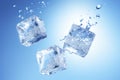 Ice cubes with water splash on blue background, closeup Royalty Free Stock Photo