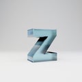 Ice 3d letter Z lowercase. Transparent ice font with glossy reflections and shadow isolated on white background