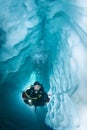 Scuba diver in a ice cave underwater