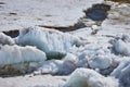 Ice drift on the Amur River. Melting ice floes in spring. A heap of blocks and fragments. Sunny day. Royalty Free Stock Photo