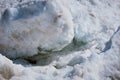 Ice drift on the Amur River. Melting ice floes in spring. A heap of blocks and fragments. Sunny day. Royalty Free Stock Photo