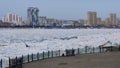 Ice drift. River Amur. Heihe Chinese city. Royalty Free Stock Photo