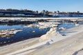 Ice drift on a river with blue high water and big water, white snow broken ice full of hummocks in it and city with houses at a Royalty Free Stock Photo