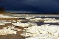 Ice drift on the river. End of winter. Huge white ice floes crack.Spring is coming. Royalty Free Stock Photo