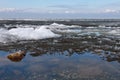 Ice drift on the river. Melting ice on the river has a crystalline structure. Royalty Free Stock Photo