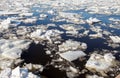 Ice drift on river, pieces of broken ice floes on water, spring melting