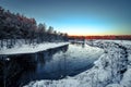 Ice drift on the river on a spring day in the forest near birch trees. Concept of spring floods. Royalty Free Stock Photo