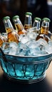 Ice enveloped pail cools beer filled bottles, ensuring a frosty and satisfying drink Royalty Free Stock Photo