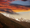 Ice fall in snow mountains, sunset Royalty Free Stock Photo