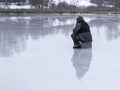 Ice fishermen , beautiful glaciers on ice and water,