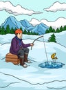 Ice Fishing Colored Cartoon Illustration