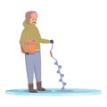 Ice fishing drill icon cartoon vector. Winter fish