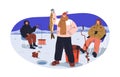 Ice fishing. Fisherman with caught fish on winter holiday. Men friends at frozen river water, catching with rods. Happy fishers at