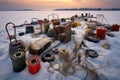 ice fishing gear arranged neatly on the frozen lake